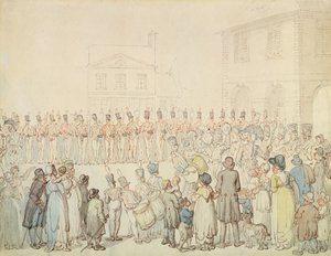 Katsaus Northamptonshiren miliisistä Brackleyssä, Northantsissa (kynä ja muste vesivärillä paperille) tekijältä Thomas Rowlandson