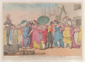 Englantilaisten kaunottareiden myynti Itä-Intiassa, [10. toukokuuta 1811], uusintapainos, [10. toukokuuta 1811], uusintapainos. tekijältä Thomas Rowlandson