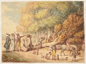 Metsästäjä perheineen neuvoo metsätyöläisiä pilkkomaan kaadetun puun tekijältä Thomas Rowlandson
