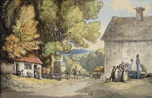 Kylänvihreä: Puun alle pysähtynyt vaunu, jossa on mies varastossa ja joukko katsojia, tekijältä Thomas Rowlandson