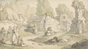 Kyläkohtaus hahmoineen ja raunioina rakennuksilla (akvarelli, kynä ja muste ja kynä paperille) tekijältä Thomas Rowlandson
