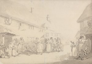 Kylämaisema, jossa tytöt kehräävät tekijältä Thomas Rowlandson