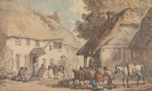 Kylän katu, jota pitkin ajetaan karjaa ja lampaita tekijältä Thomas Rowlandson