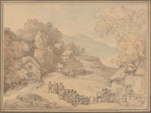 Kylä mäkisessä maisemassa tekijältä Thomas Rowlandson