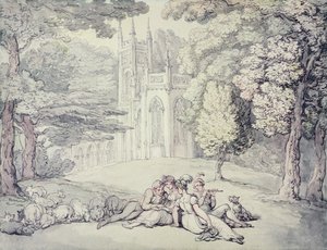 Yliopistovihreä, jossa ryhmä neitoja ja nuoria herroja etualalla, n. 1810-1815 (kynä & muste ja akvarelli kynällä paperille) tekijältä Thomas Rowlandson