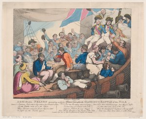 Amiraali Nelson luomassa rohkeita tervojaan loistavan taistelun jälkeen..., 20. lokakuuta 1798. tekijältä Thomas Rowlandson