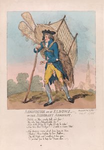 Aerostation Out at Elbows tai Itinerant Aeronaut, pub. 1785 (käsinvärinen kaiverrus) tekijältä Thomas Rowlandson