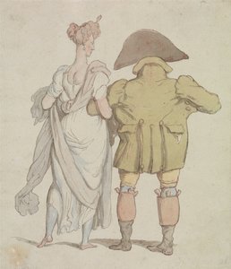 Iäkäs uroshirvi kävelemässä naisen seurassa tekijältä Thomas Rowlandson