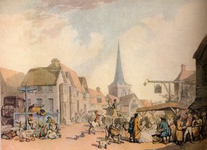 Vanha englantilainen kyläkohtaus, 1700-luku. 1941 tekijältä Thomas Rowlandson