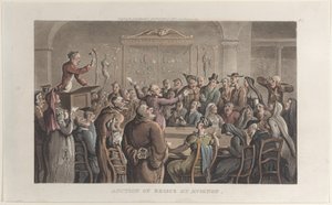 Reliiktien huutokauppa Avignonissa, Journal of Sentimental Travels in the Southern Provinc..., 1821. tekijältä Thomas Rowlandson