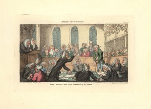 Hermostunut ja herra Garrow ristinkuulustelu. tekijältä Thomas Rowlandson