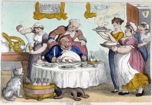 Porvaristo monien palvelijoiden tarjoaman runsaan aterian edessä - Rowlandsonin pilakuva tekijältä Thomas Rowlandson