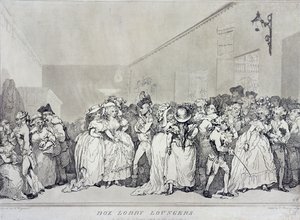 Box Lobby Loungers, Rowlandsonin kaiverrus Henry Wigsteadin (n.1745-93) suunnitelman mukaan, julkaisija John Raphael Smith, 1786 (seepia etsaus). tekijältä Thomas Rowlandson