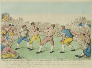 Nyrkkeilyottelu 200 Guinealle hollantilaisen Samin ja Medleyn välillä (värillinen etsaus) tekijältä Thomas Rowlandson