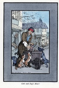 Lihaa leikkaava teurastaja sanoi, että koirat ja kissat hyökkäävät hänen kottikärrynsä pyörään. Puukaiverrus, joka perustuu Thomas Rowlandsonin (1756-1827) maalaukseen, julkaistu Lontoon kriisissä: kuusi viehättävää lasta ja lähes 40 kuvitusta tekijältä Thomas Rowlandson