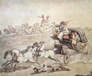 Kärryt ja ratsastajat täydellä nopeudella Across Open Grasslandissa, n. 1800 (kynä ja muste pesulla paperille) tekijältä Thomas Rowlandson