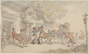 Hevosten vaihtaminen postiasemalla Ranskassa tekijältä Thomas Rowlandson
