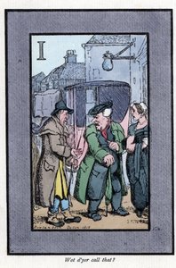 Tarkista Hackney valittelemassa matkustajille pienistä tippeista (1819). Puukaiverrus, joka perustuu Thomas Rowlandsonin (1756-1827) maalaukseen, julkaistu The Cris of London -lehdessä: kuusi viehättävää lasta ja lähes 40 kuvitusta, Andrew Tuer, Field ja T tekijältä Thomas Rowlandson