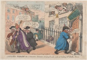 Chelsea Parade tai huutava jäsen, joka tutkii ... sisältä ja ulkoa, 4. maaliskuuta 1809. tekijältä Thomas Rowlandson