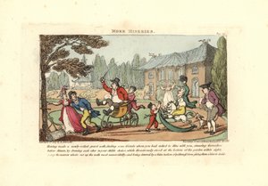 Lapset leikkivät kärryillä leikkaamassa vastavalssattua soraa tekijältä Thomas Rowlandson
