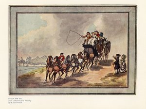 Valmentaja ja kuusi hevosta matkustajien ja matkatavaroiden kanssa katolla tekijältä Thomas Rowlandson