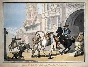 "College Jockies, vuokranantaja hikoilee karjaansa", pub. kirjoittanut E. Jackson tekijältä Thomas Rowlandson