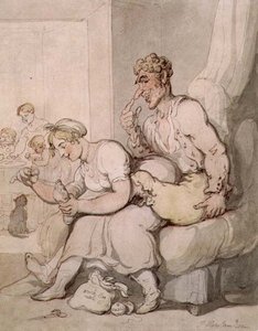 Darning The Sock (kynä ja muste, akvarelli) tekijältä Thomas Rowlandson