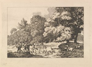 Hirvenmetsästys – Maisemakuva, jossa on uroshirvi ja koirat joen rannalla tekijältä Thomas Rowlandson