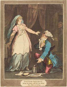 Tohtori Gallipot asettaa omaisuutensa rakastajatarnsa jalkojen juureen, 1808. tekijältä Thomas Rowlandson