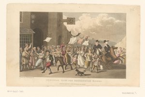 Tohtori Syntax ratsastaa hevosellaan mukana charivari-kulkueessa tekijältä Thomas Rowlandson