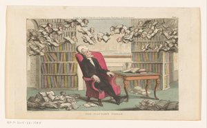 Tohtori syntaksi nukkuu kirjastossa Tohtorin unelma (otsikko esineessä) tekijältä Thomas Rowlandson