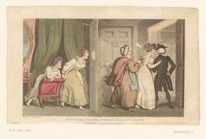 Kaksi naista johdattaa tohtori Syntaxin oven läpi tekijältä Thomas Rowlandson
