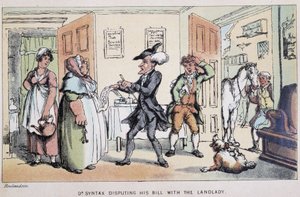 Lääkäri kiistelee laskua (hotellissa?) - "" Doctor Syntaxin kolmella kiertueella: viehättävää lohtua ja vaimoa etsimässä" William Combe, ill. Rowlandson tekijältä Thomas Rowlandson