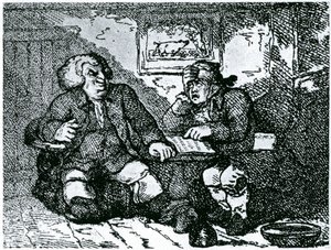 Tohtori Johnson ja James Boswell toipumassa krapulasta kaupungissa vietetyn yön jälkeen tekijältä Thomas Rowlandson