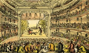 "Dr Syntax at Covent Garden Theatre" tekijältä Thomas Rowlandson