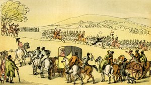 "Dr Syntax at a review" tekijältä Thomas Rowlandson