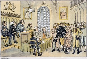 Tohtori Syntax yhteisöjen tuomioistuimessa - "" Doctor Syntaxin kolmella kiertueella etsimässä maalauksellista lohtua ja vaimoa", kirjoittanut W. Combe, ill. kirjoittanut Rowlandson, Lontoo, Hotten tekijältä Thomas Rowlandson