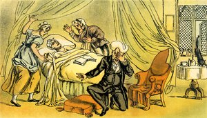"Tohtori Syntax valittaa vaimonsa menetystä" tekijältä Thomas Rowlandson