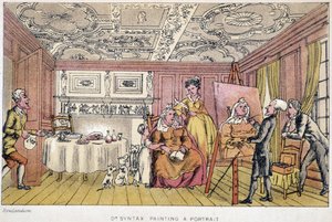 Dr. Syntax maalaa muotokuvaa - "" Doctor Syntaxin kolmella kiertueella etsimässä maalauksellista lohtua ja vaimoa", kirjoittanut W. Combe, ill. kirjoittanut Rowlandson, Lontoo, Hotten tekijältä Thomas Rowlandson