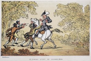Tohtori Syntax pysäytti rosvot - "" Doctor Syntaxin kolmella kiertueella: viehättävää lohtua ja vaimoa etsimässä" William Combe, ill. Rowlandson tekijältä Thomas Rowlandson