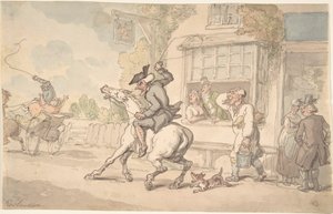 Tohtori Syntax ja hankala hevonen majatalon edessä tekijältä Thomas Rowlandson