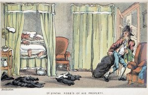 Dr. Syntaxin talomurto nukkuessaan - "" Doctor Syntaxin kolmella kiertueella: maalauksellisen lohdutuksen ja vaimon etsimisessä" William Combe, sairaat. Rowlandson tekijältä Thomas Rowlandson