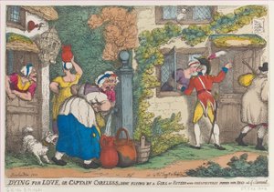Dying for Love, tai kapteeni huolimaton, ampui lentäen 15-vuotiaan tytön, joka pomppasi odottamattomasti..., 1810. tekijältä Thomas Rowlandson