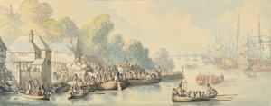 Laivaanlähtö Southamptonissa 20. kesäkuuta Lord Howen toiminnan jälkeen - Versio B, n. 1794 (wc kynällä ja musteella grafiitin päällä kudottupaperilla) tekijältä Thomas Rowlandson