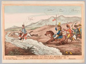 English Manners and French Prudence tai French Dragons, jotka Belvoir toi kuriin syyskuussa 1811 (kaiverrus, värillinen) tekijältä Thomas Rowlandson