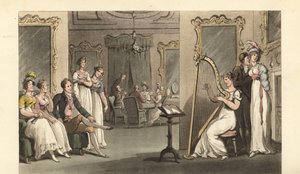 Englantilainen herrasmies ja naiset kuuntelemassa harpistia ballissa tekijältä Thomas Rowlandson