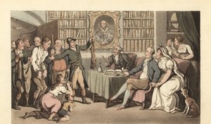 Englantilainen herrasmies työhuoneessaan kuulemassa salametsästystapausta tekijältä Thomas Rowlandson
