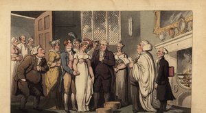 Englantilainen herrasmies menee naimisiin morsiamensa komeassa kodissa tekijältä Thomas Rowlandson