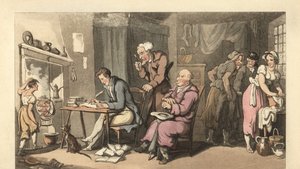 Englantilainen herrasmies kirjoittaa kerjäämiskirjettä rappeutuneessa salissa tekijältä Thomas Rowlandson