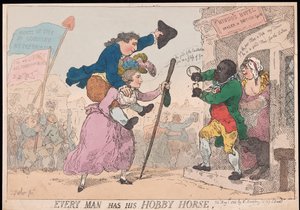 Jokaisella miehellä on oma harrastushevonen, pubi. 1784 (käsinvärinen kaiverrus) tekijältä Thomas Rowlandson